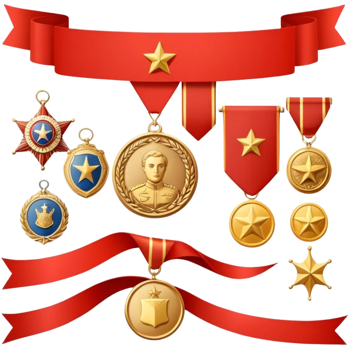 Icon for Collecting Orders, Medals & Badges: a variety of vintage orders, medals and badges, displayed neatly on a big red pennant or in a display case. The icon should reflect the honor and historical significance of these collectible items. Transparent background. emoji