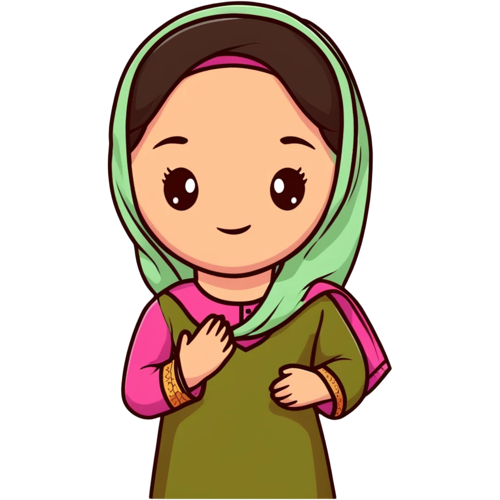 girl with light wheatish skin, dark brown hair, wearing dark pink kurti with sage green dupatta on head emoji