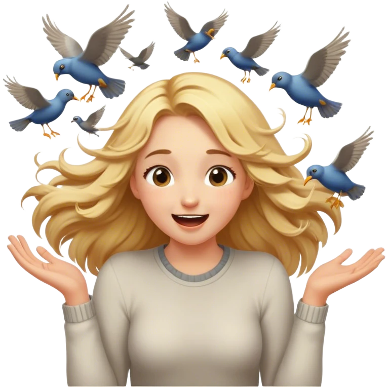 Cinematic Adorable Aurora Portrait Emoji, Giggling in surprise as birds land on her shoulders, cheeks flushed, golden locks bouncing, an irresistible mix of playfulness and beauty! emoji