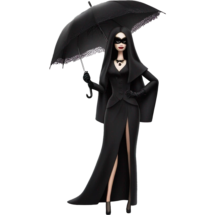 Stunning in the Spotlight Barbie, teen Morticia Addams,showing off, show full body,accessories  gloves funeral veil covering face umbrella  emoji