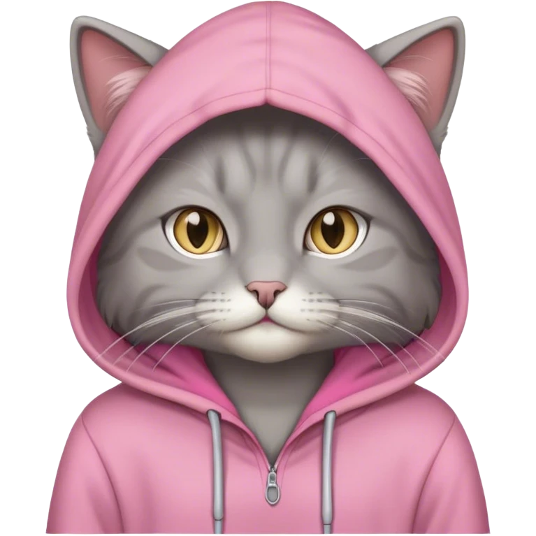 Grey cat with long hairs and pink hoodie emoji