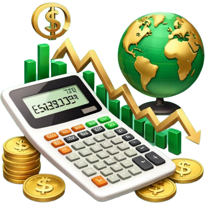 An icon featuring a calculator, a dollar sign, and a chart with upward trends, symbolizing economics. The design includes coins, bills, and a globe, representing global trade and financial systems. Transparent background highlights the study of markets, supply, and demand. emoji