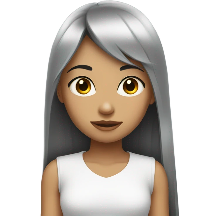 Girl wearing a white shirt that has grey eyes and long black straight hair with baby bangs.  emoji