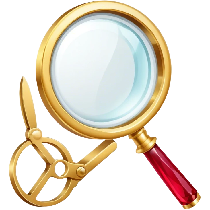 Jewelry art icon, golden ring with a ruby viewed through a magnifying glass, visible pliers beside it, minimalistic style, clean lines, transparent background. emoji