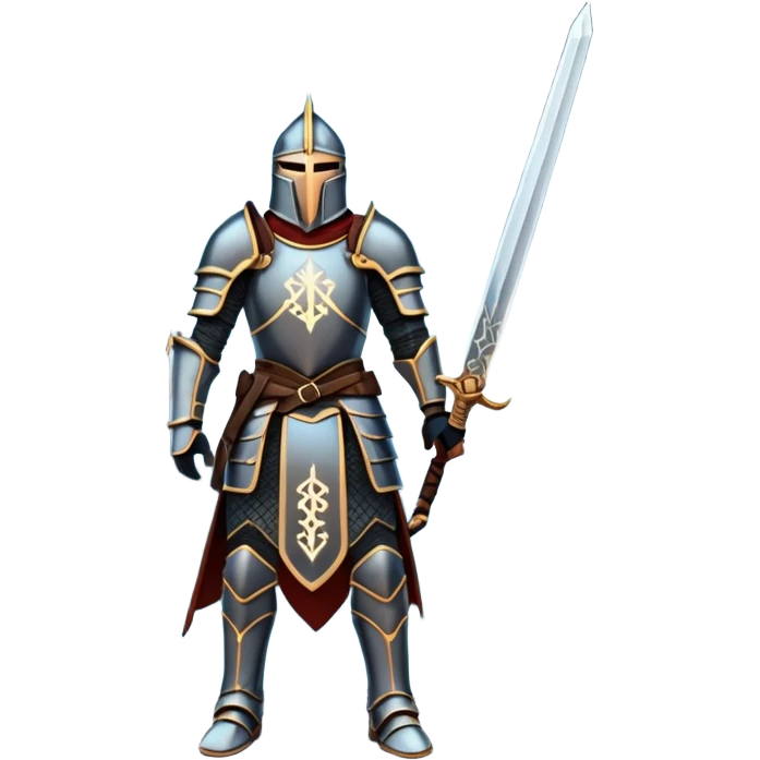 An icon representing RPG, inspired by Elden Ring. The design features a warrior in armor, holding a sword, standing in front of a mystical, dark landscape with glowing runes and a distant castle. The atmosphere evokes epic quests, exploration, and intense battles. Transparent background emoji