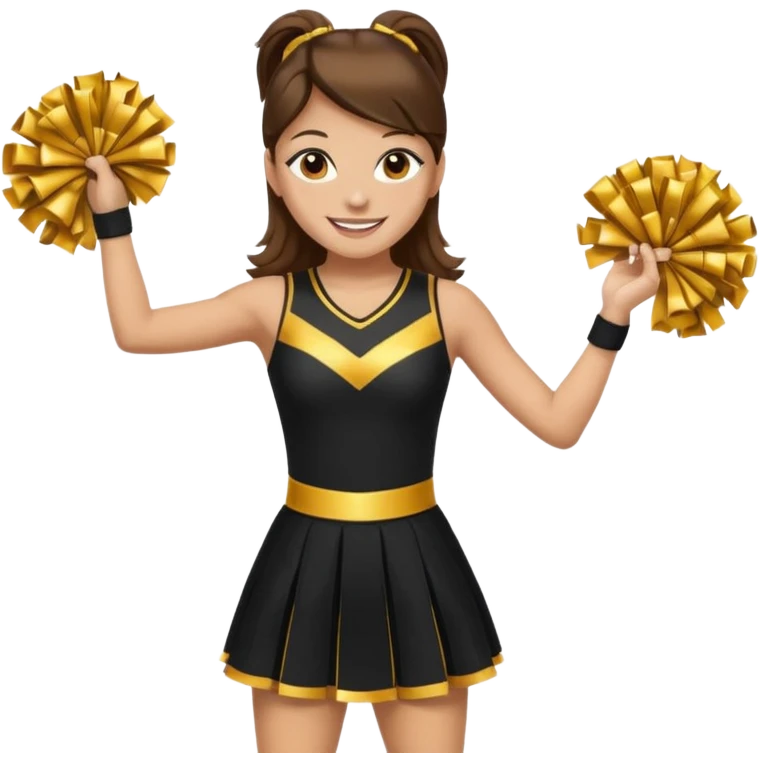 Cheerleader with golden skin tone skin, brown eyes, brown hair and full dress outfit black and gold emoji