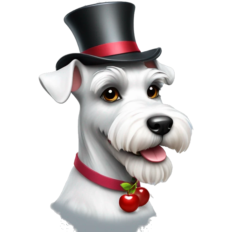 White fun schnauzer wearing top hat with cherries emoji
