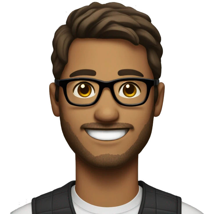 Man who is 30 years old and smilling. He is brown hair and brown eyes and wear black glasses emoji