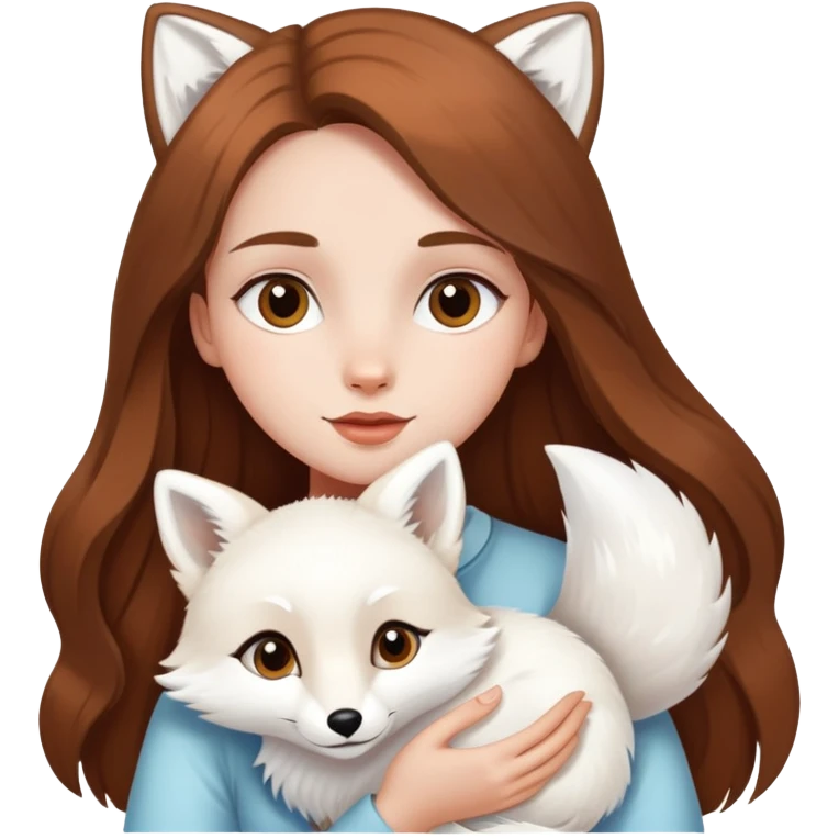 A girl with long brown hair holding a white fox emoji