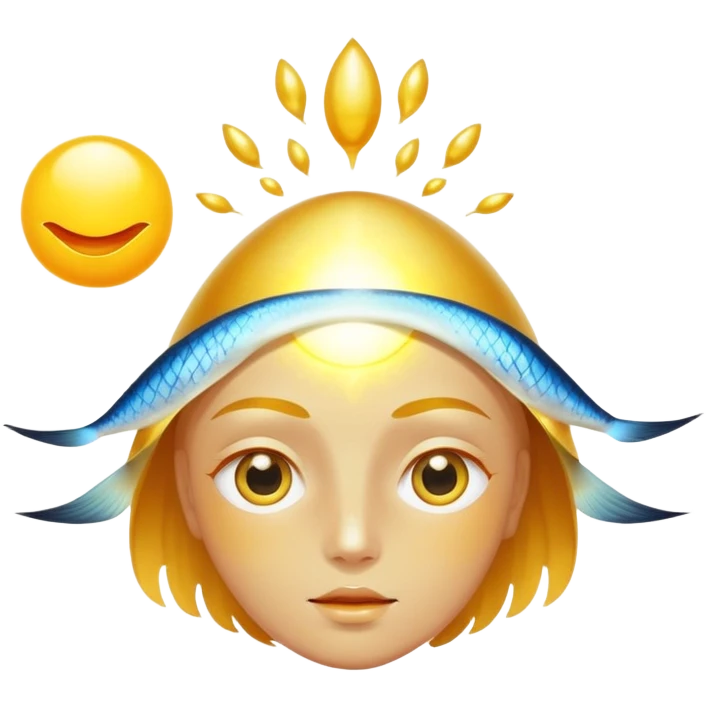 Chicken, bright egg yolk, and shiny fish floating around an open eye that emits a golden ray emoji