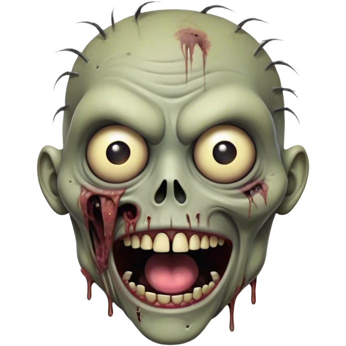 Cinematic Comical Zombie Portrait Emoji, with a grotesquely exaggerated yet playful decaying face in muted ashen tones, head cocked in a dramatically shocked expression with wildly comical, googly eyes and a gaping, silly grin revealing quirky stitches, simplified yet hilariously expressive, highly detailed with a soft eerie glowing outline capturing the absurd humor of a zombie in comic disbelief! emoji