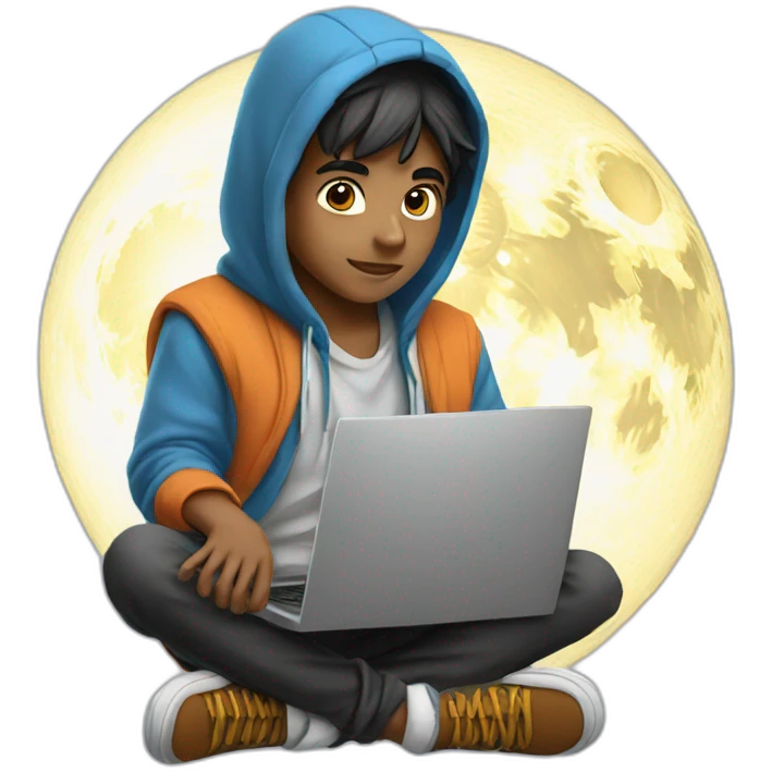 Indian boy wearing a hoodie with laptop sitting on saturn emoji