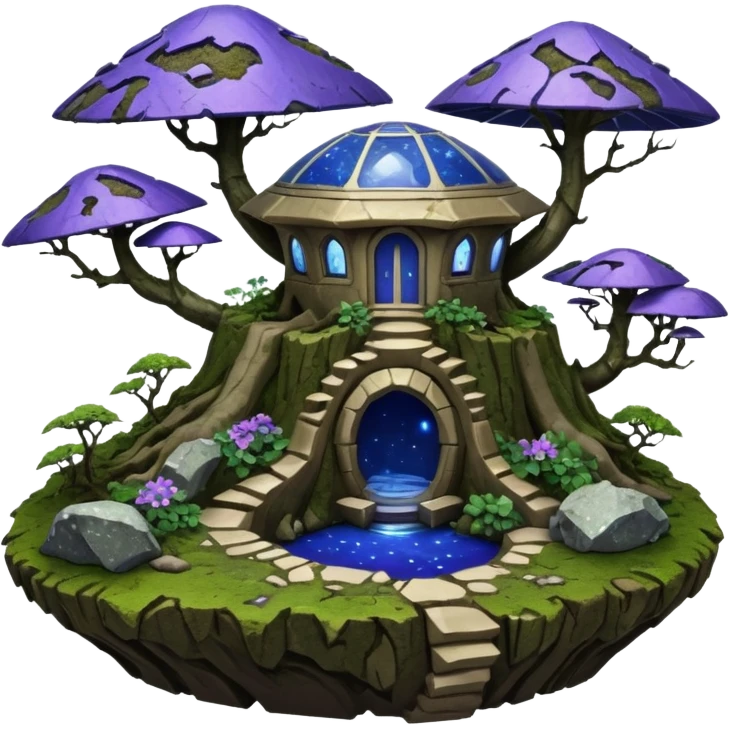 Crashed Alien saucer-castle jungle winding trail mountainside getaway haunted nighttime hobbit landscape antique mudman very old broken cracked intricate Stone Age lapis-crusted irregular dodecagon-shaped shallow dark moss rough bark violet flowered maple treehouse bonsai Saikei emoji