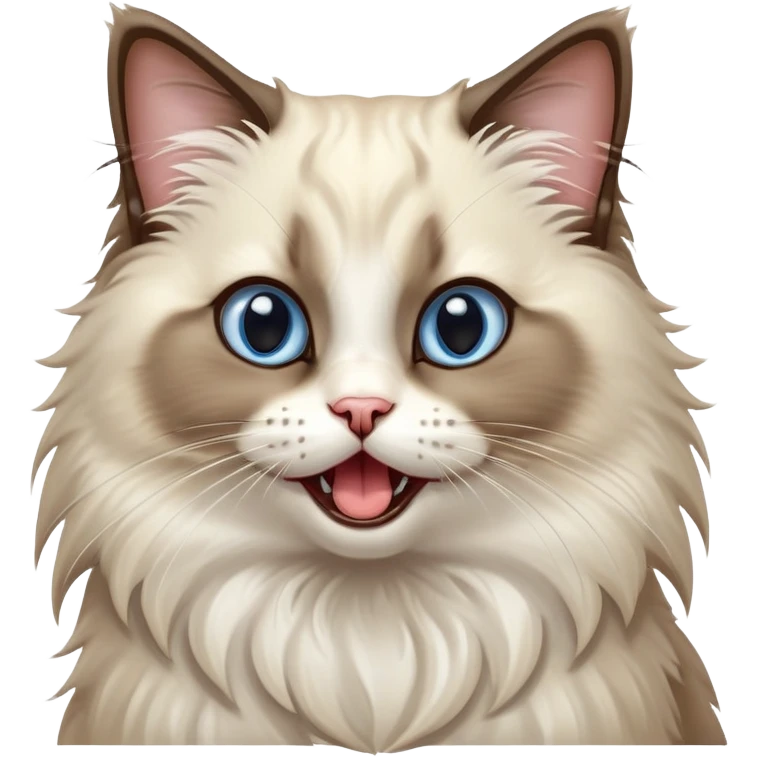 Cinematic-Adorable-Seal-Ragdoll-Cat-Portrait-Emoji – Big-eyed, fluffy Ragdoll cat with a playful head tilt and a cute yawn, soft brown-and-white fur with darker seal points on the ears and face, simplified yet irresistibly cute features, sparkling blue eyes full of mischief, highly detailed with a gentle glow. emoji