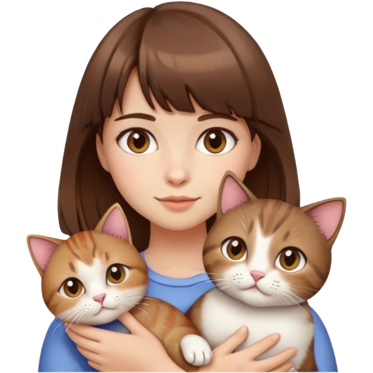 A girl with bangs, brown hair and a short cat in her arms. emoji