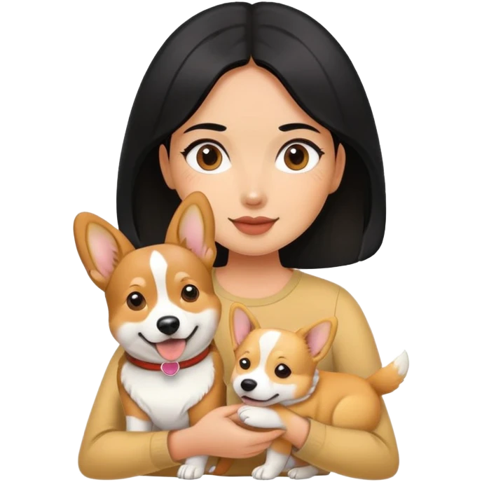 A black hair girl holding a corgi dog and a golden dog emoji