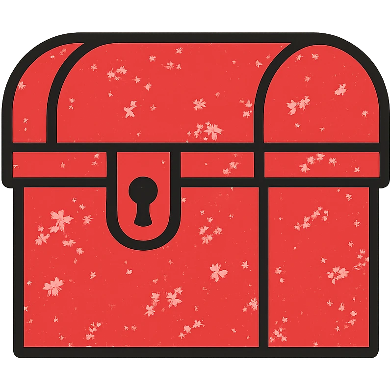 a minimalist red treasure chest with more red elements than before, some transparent areas still visible but with increased red coverage, weathered edges and distressed look, roughly 70% red and 30% transparent emoji