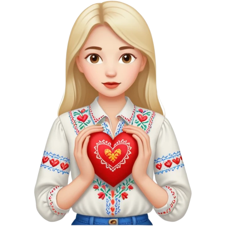 beautiful young girl in a white Ukrainian embroidered shirt clutching a large embroidered heart emoji