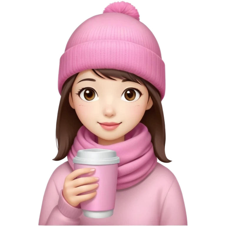Cute East Asian girl, soft fair skin, big brown eyes, long lashes, natural pink lips, inward brown bob with straight bangs. Wearing pink beanie and scarf, rosy cheeks, shy smile, holding warm drink,  emoji