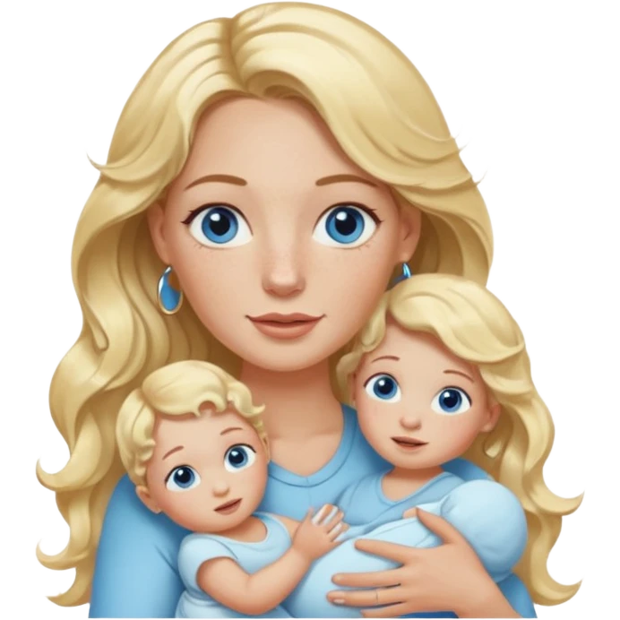 Wavy blonde, white woman with blue eyes, freckles hoop earrings, holding babies emoji