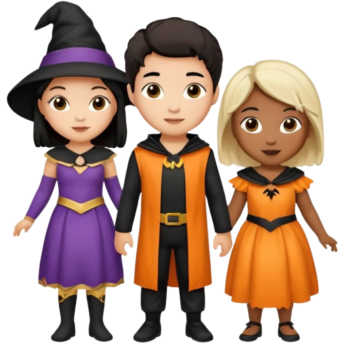 Three best friends, cute Halloween African-American, Asian, Caucasian emoji