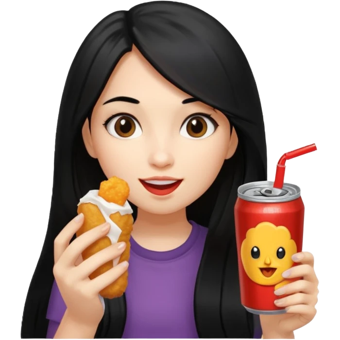 girl with long black hair eating with mouth on the chicken nugget and holding a soda can emoji