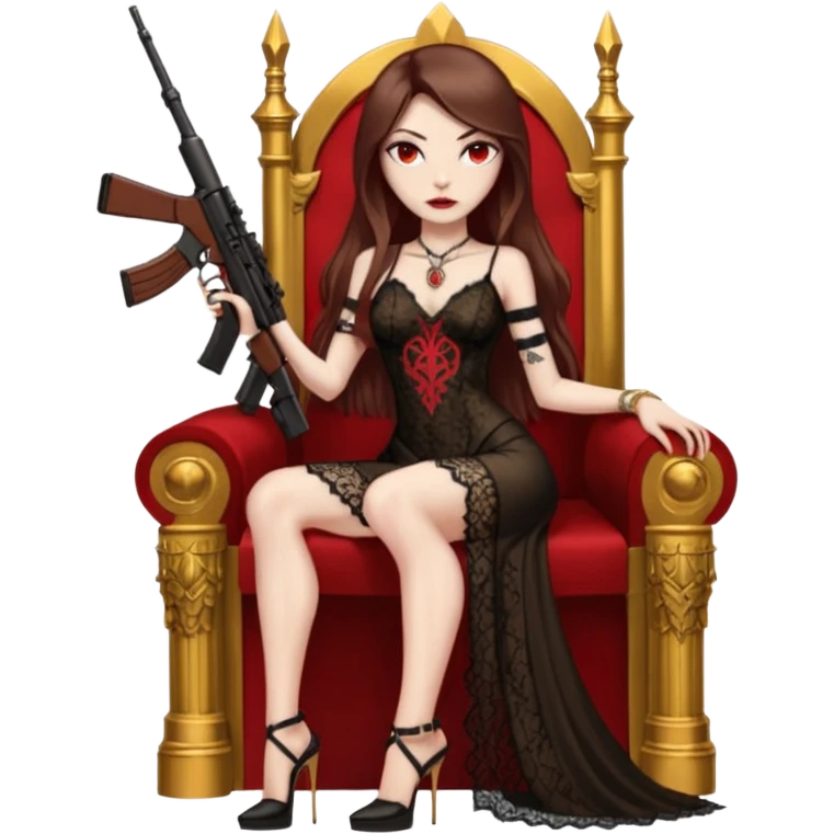 Lilith female red eyes symbol. Tattoo arms. Her hair is brown straight long hair.wearing sexy long  lace dress with slit. black stiletto platform high heels shoes on. Sitting on gold throne with rubies sniper rifle in one hand cash in other hand emoji