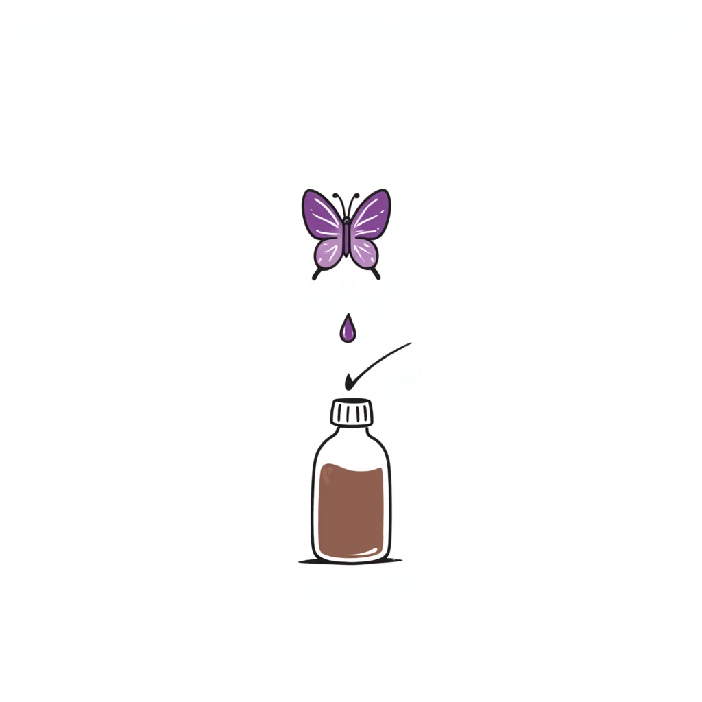 Small brown bottle floating with dim light, with a purple drop suspended in the air, slowly spinning in front of a luminous butterfly representing the thyroid gland emoji