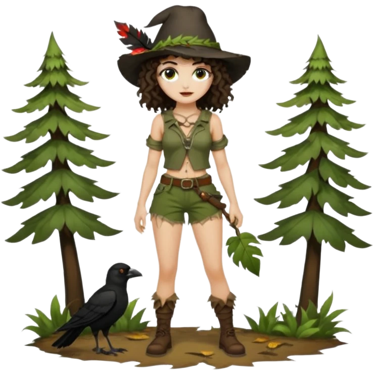 full body woman short curly brown mullet hair brown eyes white skin sexy forest rogue with torn leaf shorts and crow hat emoji