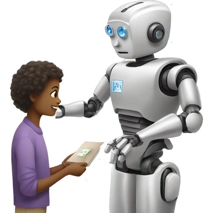 a robot handing a flashcard to a (gender neutral) student emoji