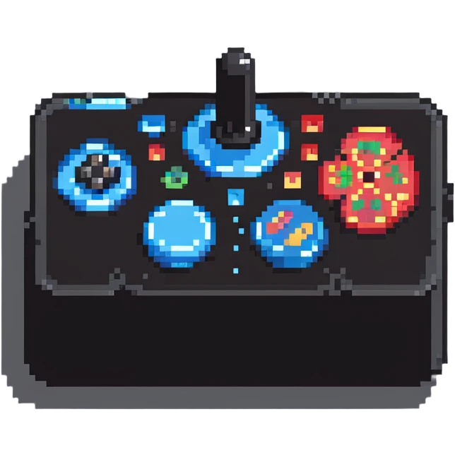 A modern fighting game joystick with multiple buttons in colorful pixel art emoji