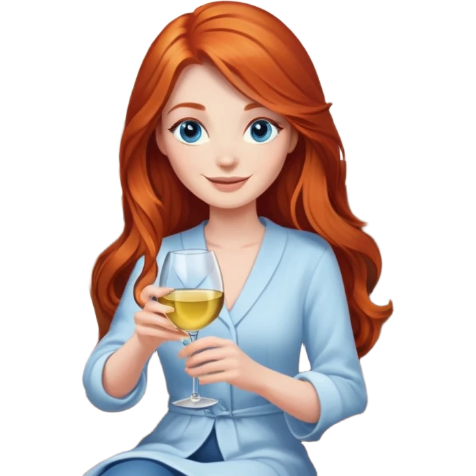 Happy redhead with long hair and blue eyes holding white wine sitting in chair beside fire  emoji