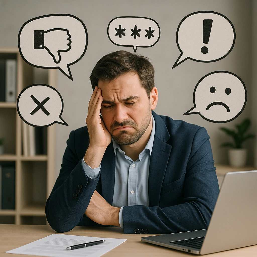 Create a realistic image of a man with a frustrated and annoyed expression, surrounded by speech bubbles or symbols representing criticism from clients. The man looks visibly upset by the criticism. The setting is professional or office-like, with an educational and respectful tone. emoji