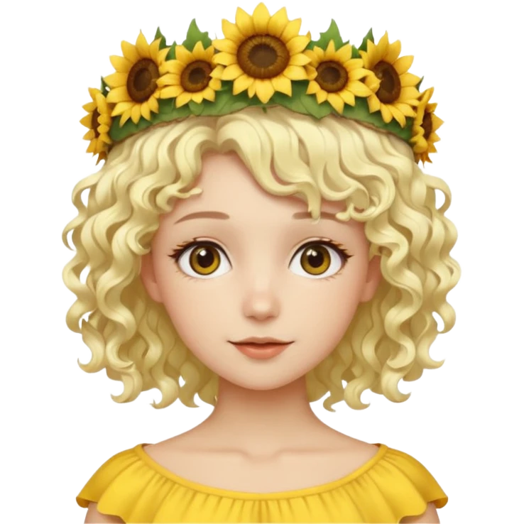 Fair skin female, short platinum-blonde curly hair, wearing a yellow sunflower crown. emoji