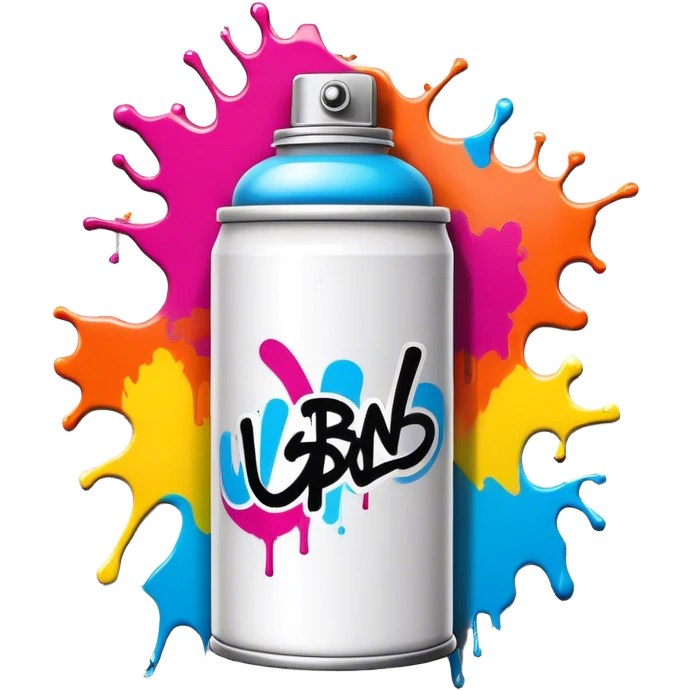 Graffiti icon, spray paint can, colorful spray paint splashes, brick wall with graffiti artwork and bold text, urban style, vibrant colors, minimalistic design, clean lines, transparent background. emoji