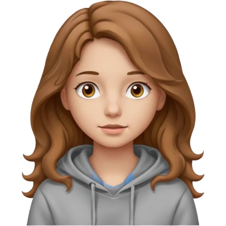 Girl with long and light brown hair and wear hoody and her hai is somethig betwwen curly and stright and her eyes is same color with her hair her skin is white emoji