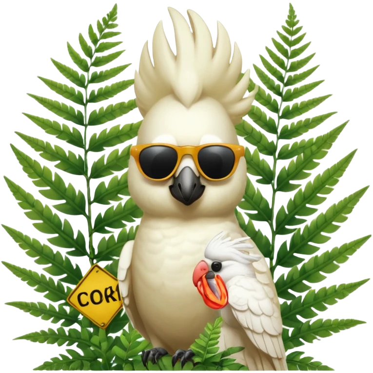 sulfer crested cockatoo wearing sunglasses sitting in a green fern tree with an australian street sign sitting infront of it saying welcome to cockatoo emoji