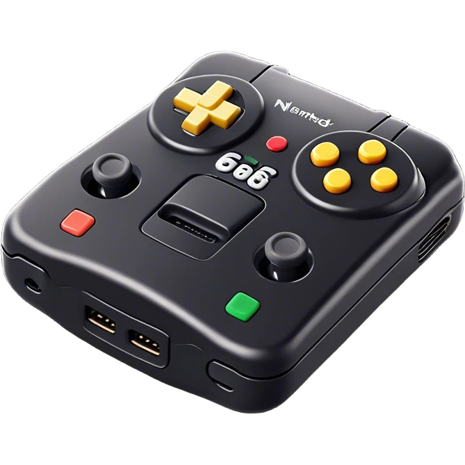 Clash of Clans aesthetic: Cinematic Playful Nintendo 64 Console Portrait Emoji, rendered in a 3D vector-style similar to standard emojis with minimal shading and bold, simplified shapes. A compact, distinct form with signature details, softly glowing with a nostalgic gaming charm. Simplified yet unmistakably iconic, highly detailed and consistent, glowing with a soft radiance and high shine. Stylized with a touch of retro gaming magic and a soft glowing outline, capturing the essence of a beloved gaming relic with a friendly, playful manner! emoji