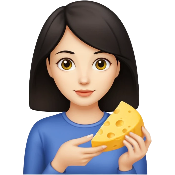 dark haired woman holding cheese piece emoji