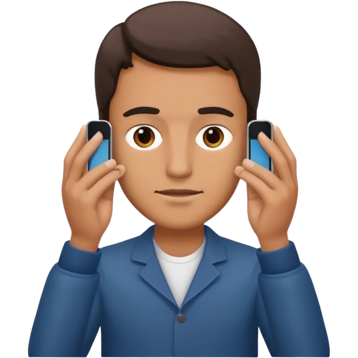 a guy holding an smartphone with both hands in landscape mode in front of his forehead emoji
