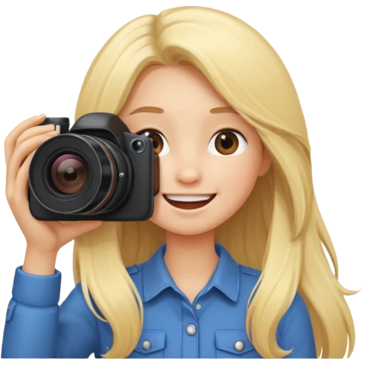 blonde girl photographer cartoon taking picture in middle of taking picture camera in front of face long hair smiling funny emoji