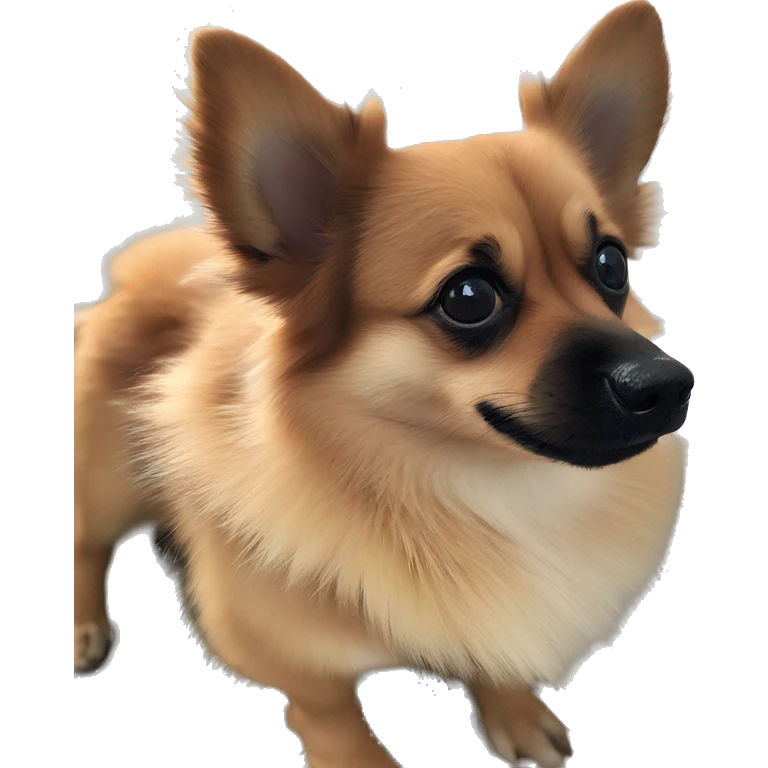 dark brown corgi Chihuahua Pomeranian mix with black fluff around nose less fluff ￼ emoji