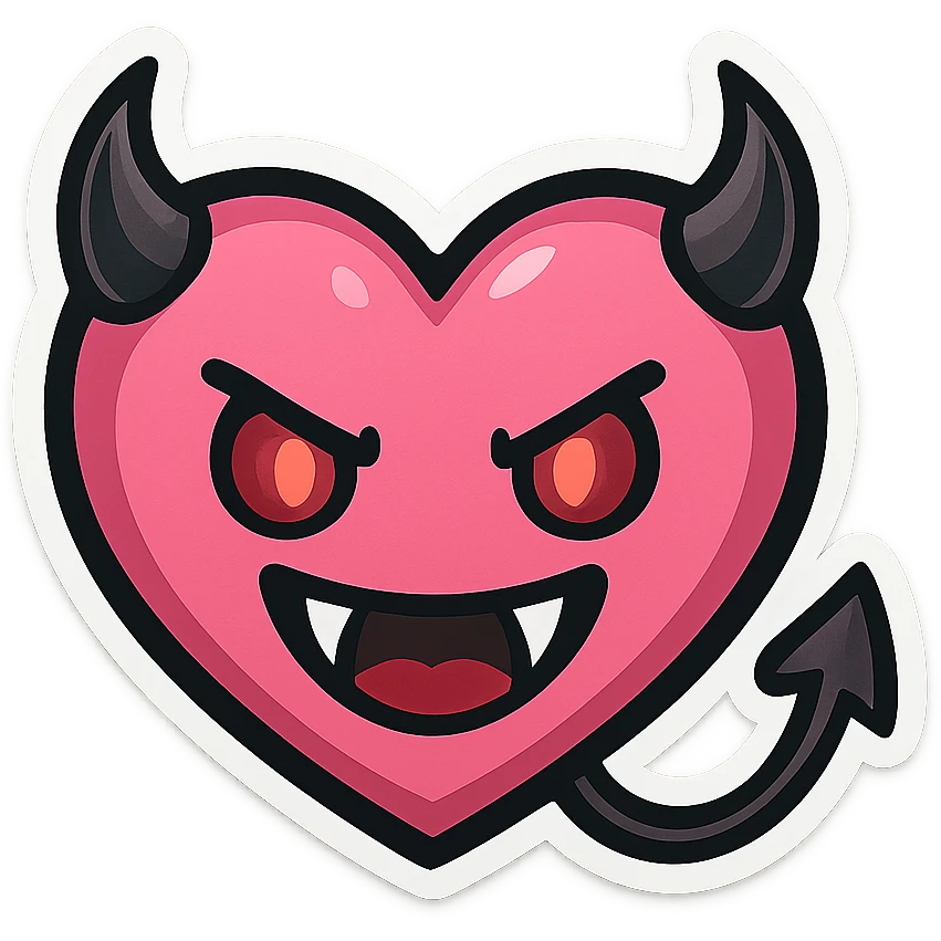 devil emoji, chibi style, pink and black colors, heart-shaped face, sharp fangs, glowing eyes, dramatic shadows emoji