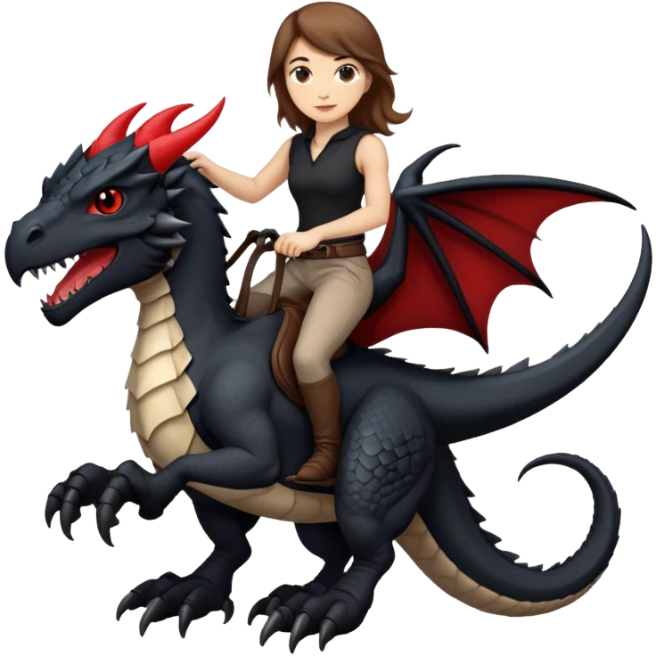 Me, a white female with brown hair, riding a black wyvern with a tiny bit of red that has only two back legs to your work emoji