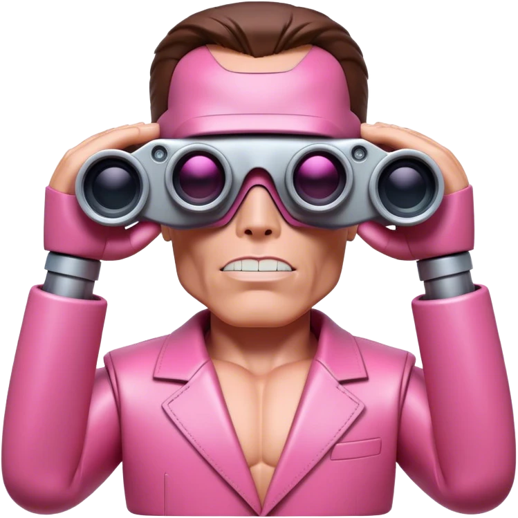 schwarzenegger-looking half robotic half human pink terminator looking through two-eyed binocular, viewed from an angled perspective emoji