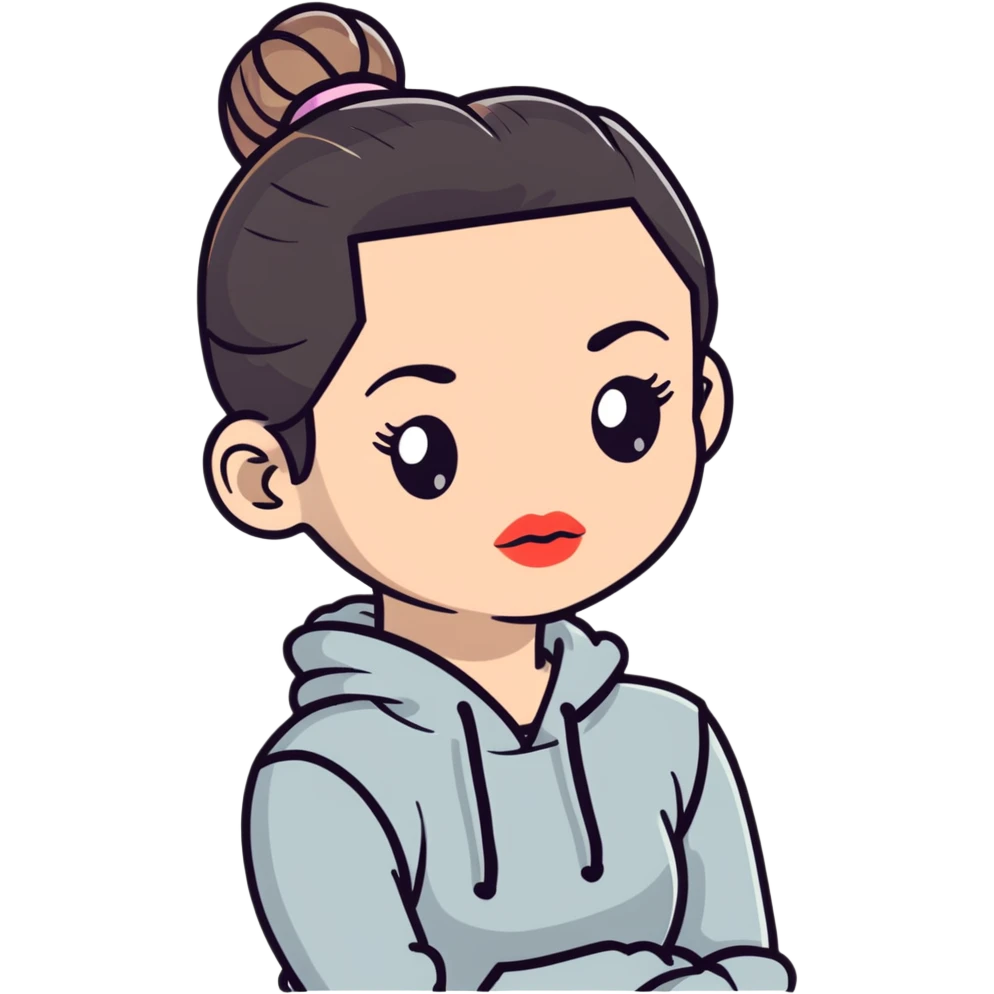 cartoon sticker of a clean girl with dewy skin, glossy lips, hair in a bun, wearing athleisure emoji