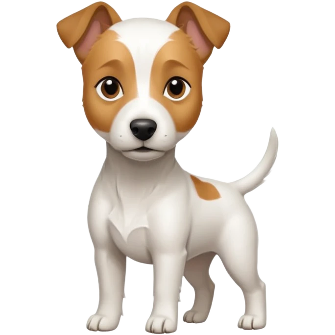 a full body white parson russell looking dog the size of a kelpie with light brown ears and a light brown patch on one eye and a large snout emoji