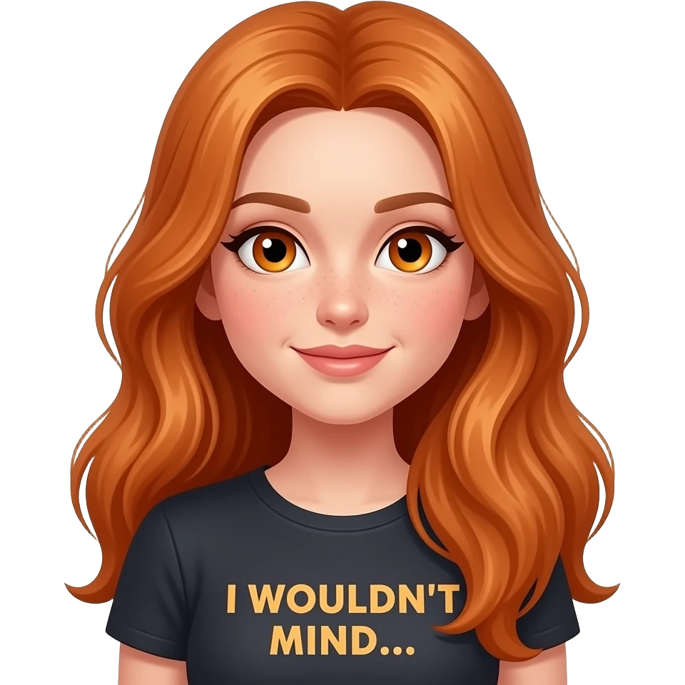 sexy girl with overlong ginger hair and ginger eyes a top with I WOULDN'T MIND... written on it emoji