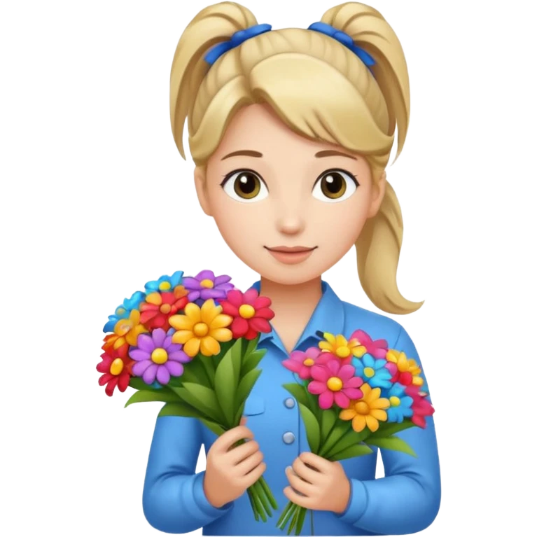 Young female florist – ponytail, holding a bouquet with ribbon emoji