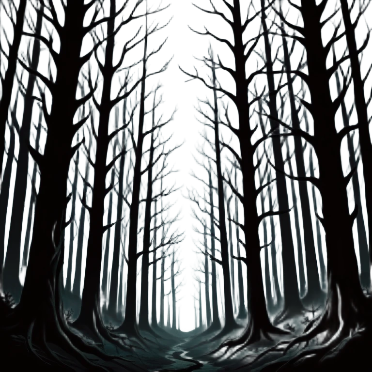 dark forest scene, the entire world covered in darkness. The sky is deep black with no stars or light, no moon, no glow just total void and silence. The atmosphere feels ominous and unsettling, as if darkness has swallowed everything. No characters, no visible light sources emoji
